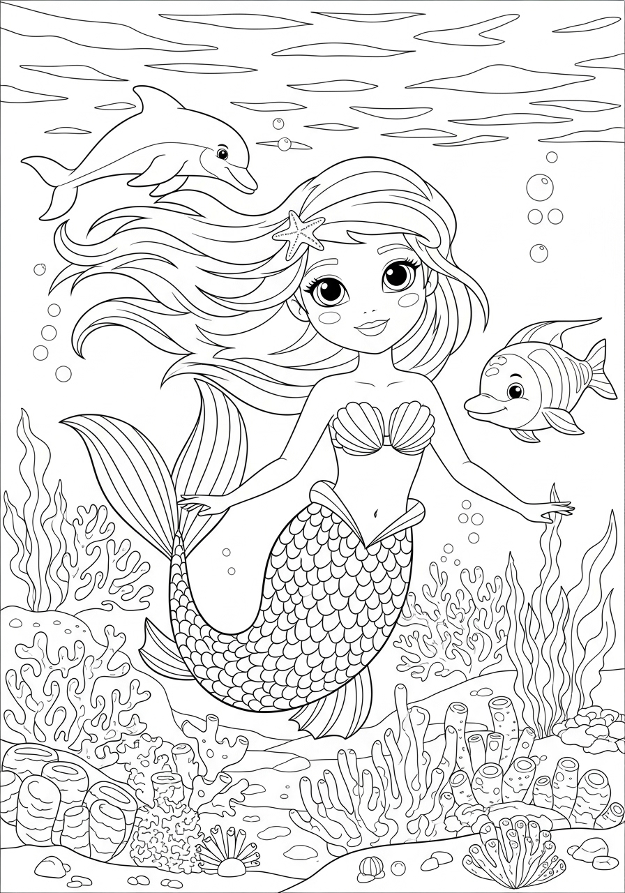 Desenho Fofo de uma sereia com peixes e golfinhos para colorir
