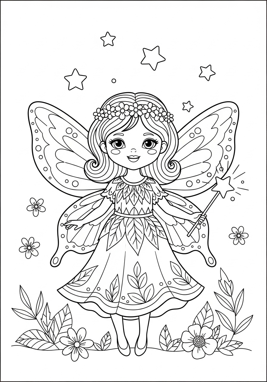 Desenho Fofo de uma fada com asas e vara para colorir