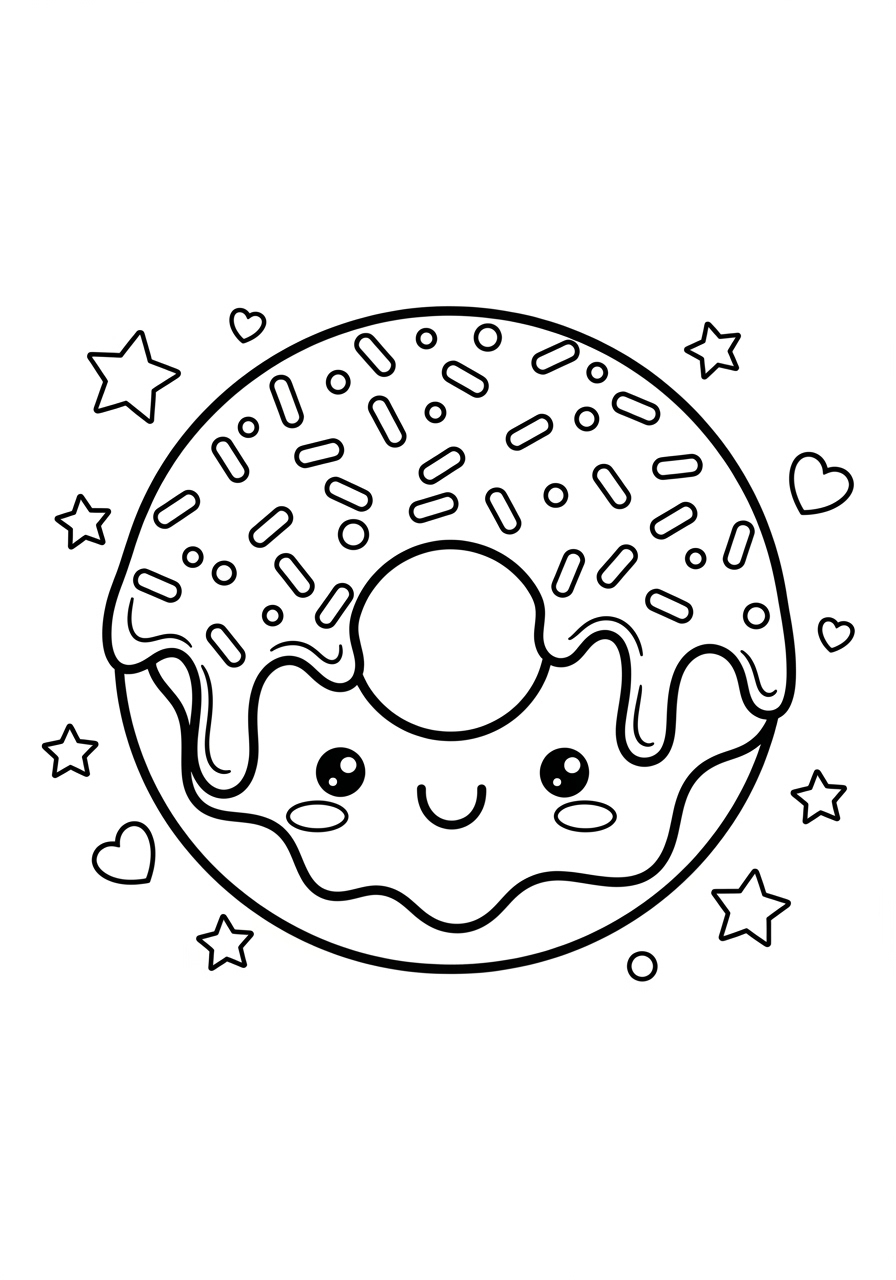 Desenho Fofo de um donut com carinhas e confeitos para colorir