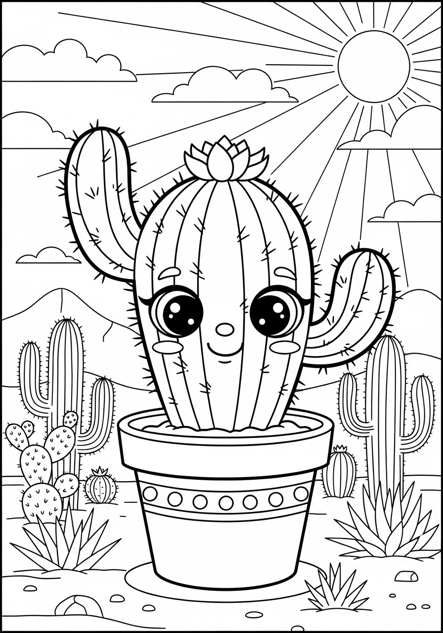 Desenho Fofo de um cacto sorridente para colorir e imprimir