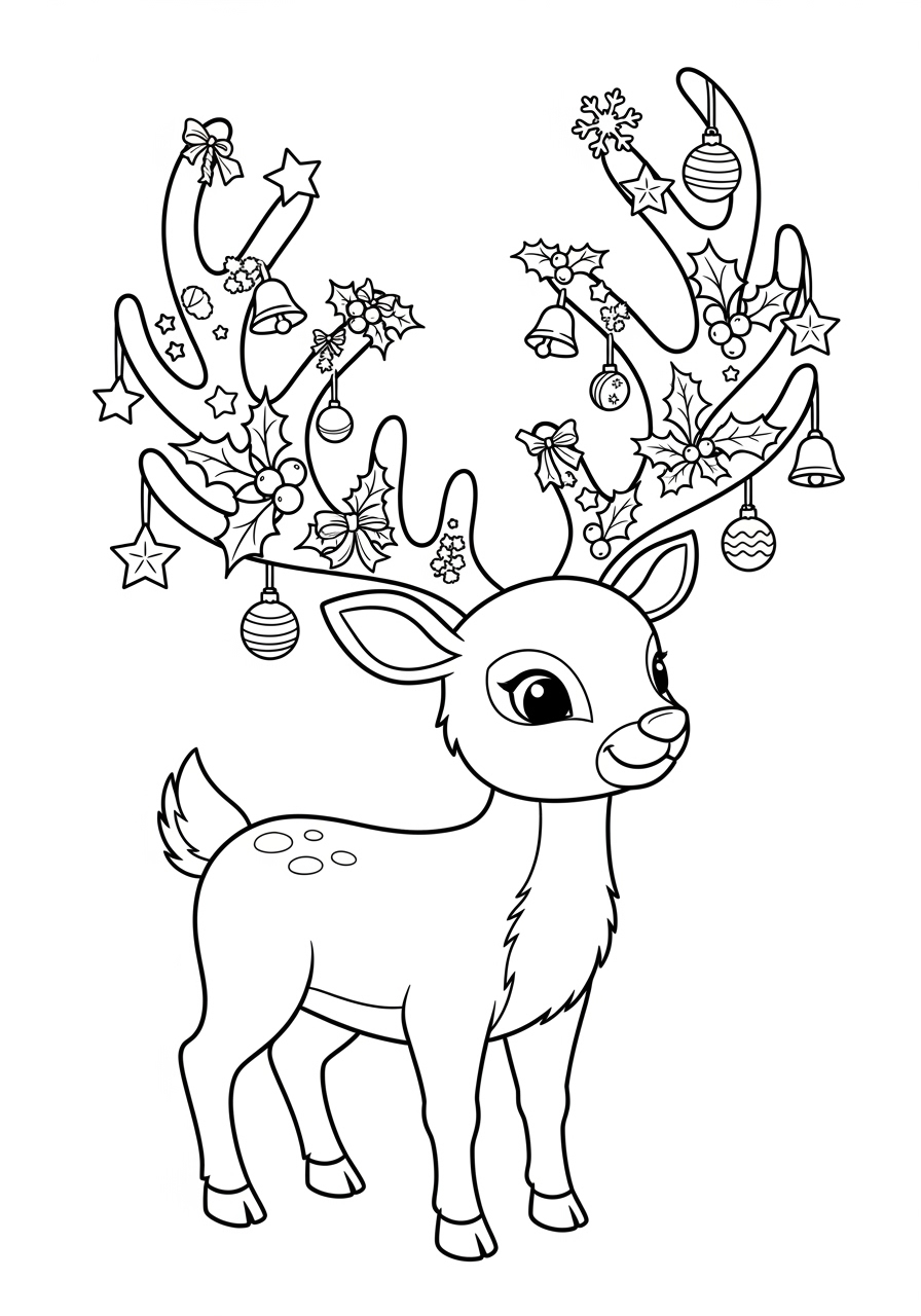 Desenho Fofo de um cervo decorado com enfeites para colorir