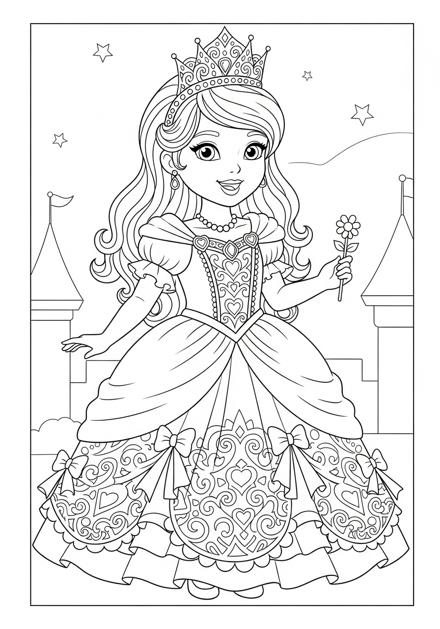 Desenho Fofo de uma princesa com vestido e coroa para colorir