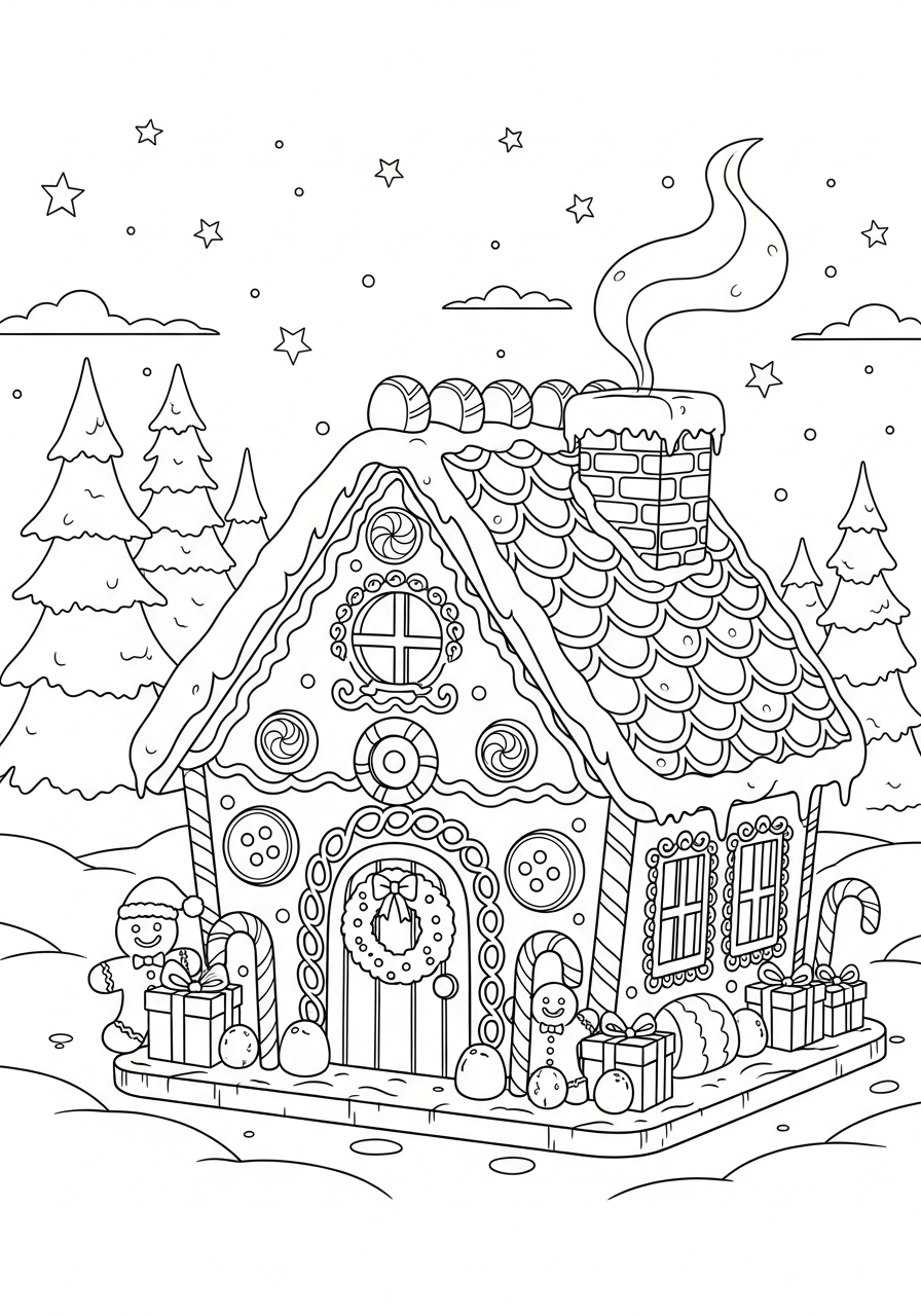 Desenho Fofo de uma casinha de gengibre para colorir