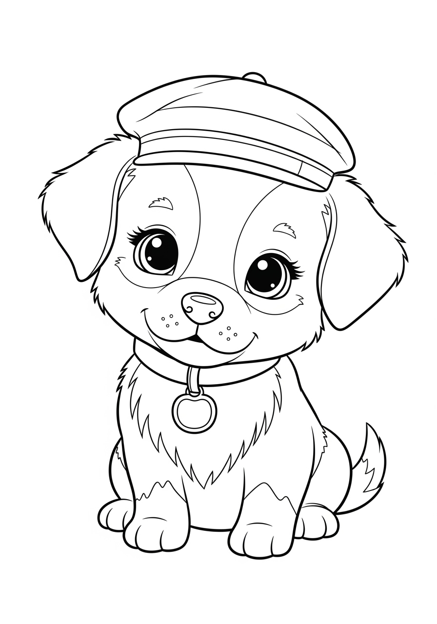 Desenho Fofo de um cachorrinho com um boné para colorir