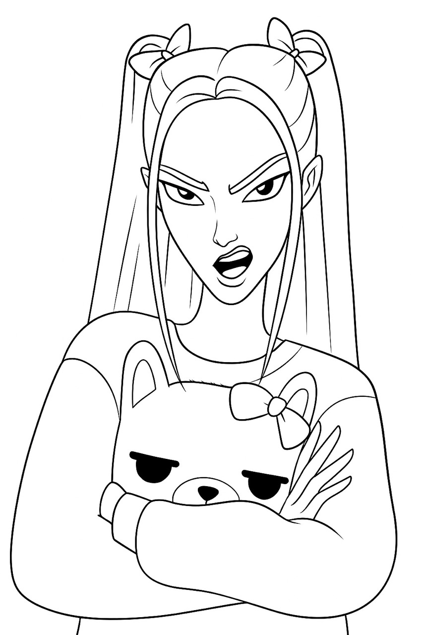 Desenho das Guerreiras K-Pop segurando urso para colorir