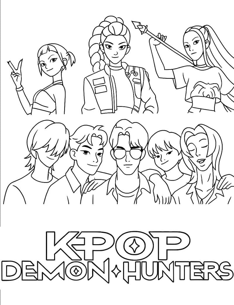 Desenho das Guerreiras K-Pop posando em grupo para colorir