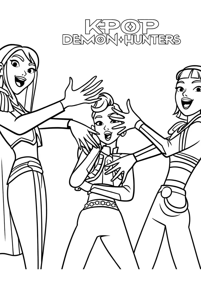 Desenho das Guerreiras K-Pop fazendo pose para colorir