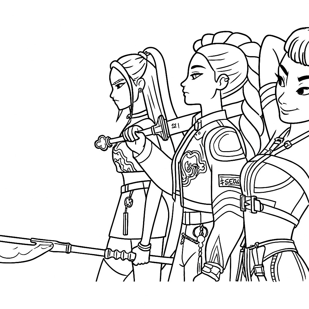 Desenho das Guerreiras do k-Pop com armas para imprimir e colorir