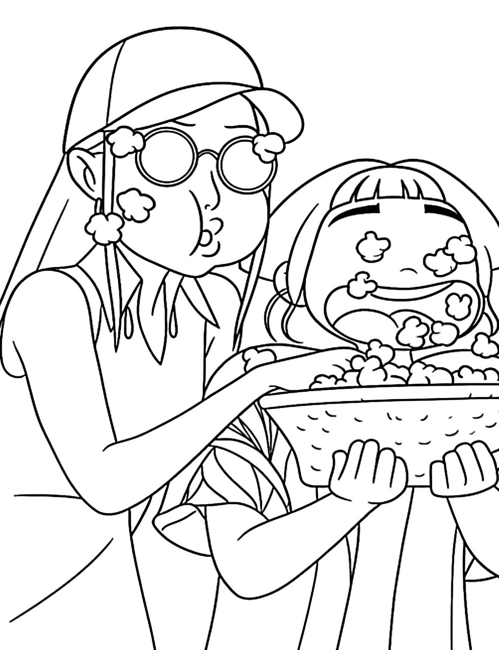 Desenho das Guerreiras K-Pop comendo pipoca para colorir