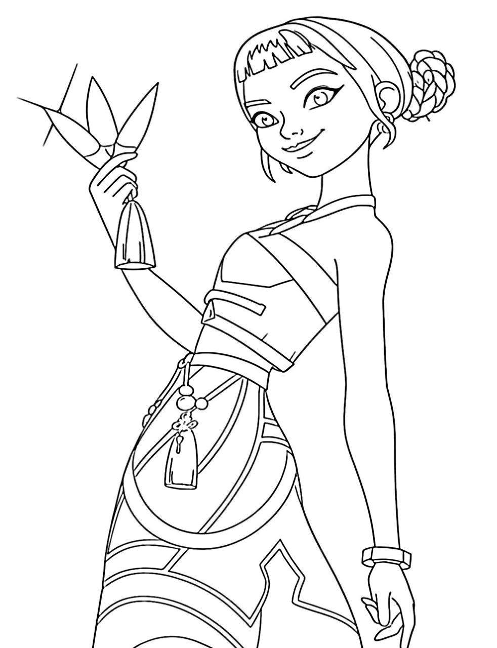 Desenho da Guerreira K-Pop segurando um leque para colorir