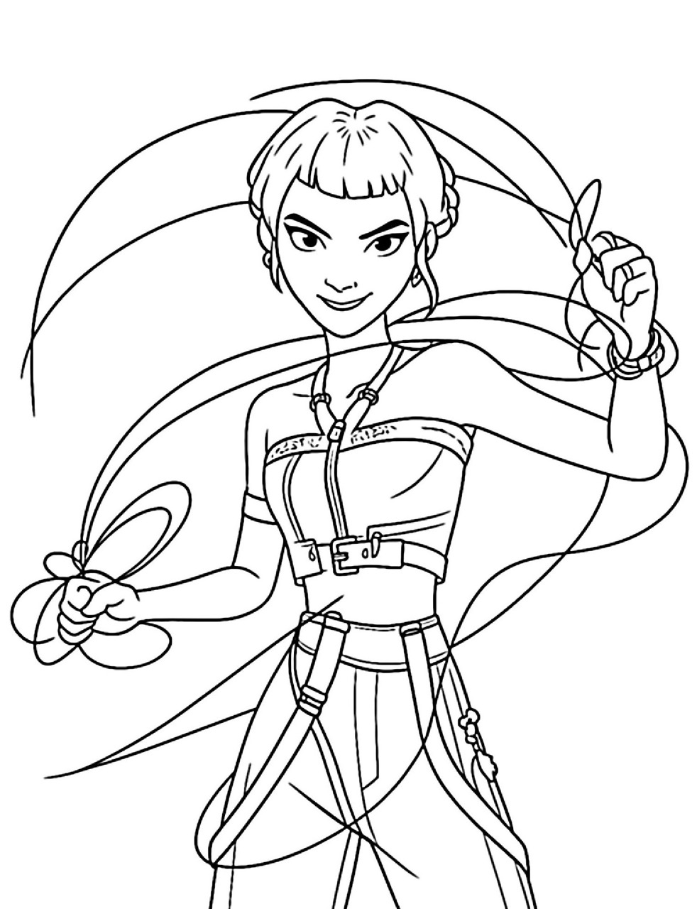 Desenho da Guerreira do k-Pop segurando flores para colorir