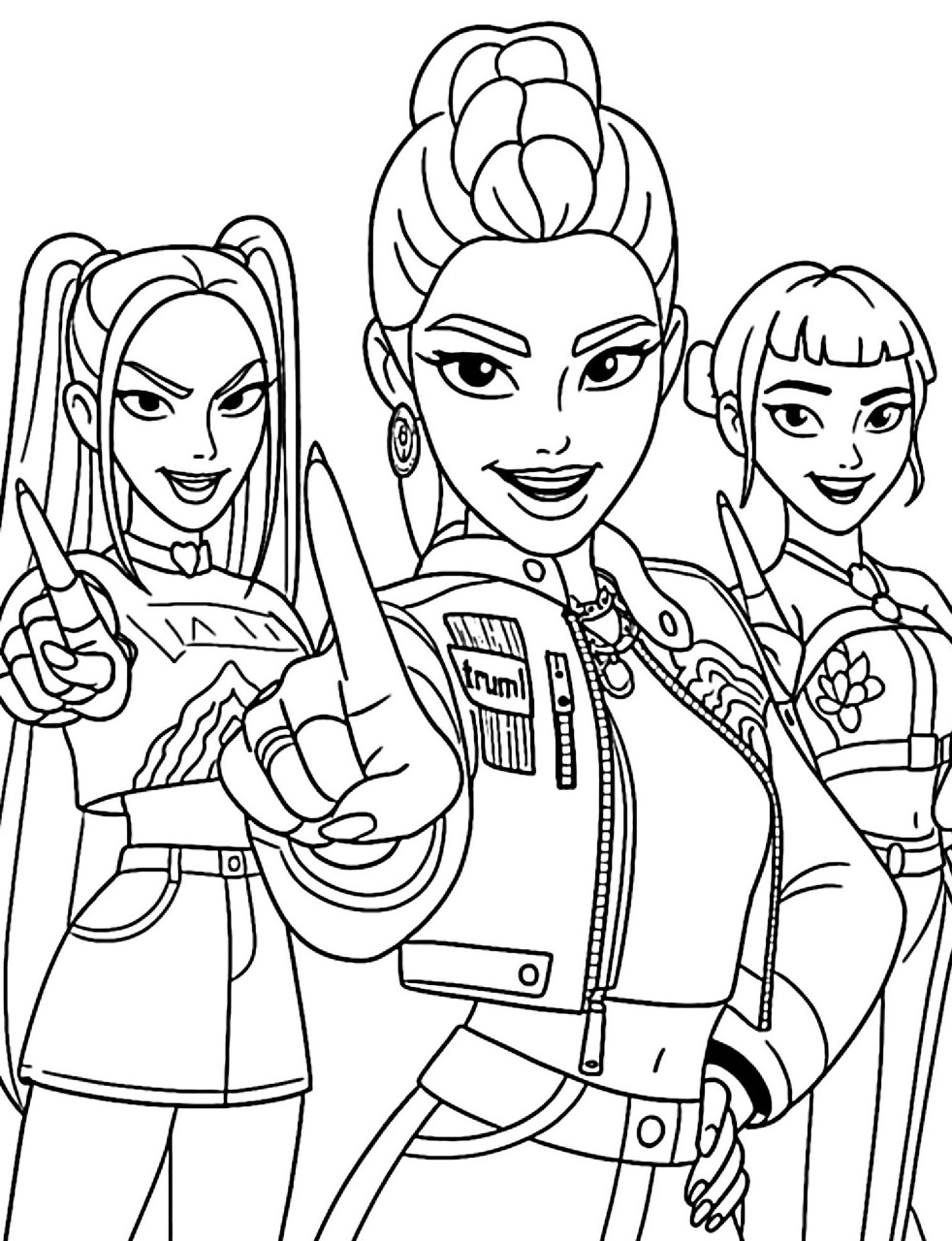 Desenho das Guerreiras do k-Pop fazendo sinal de vitória