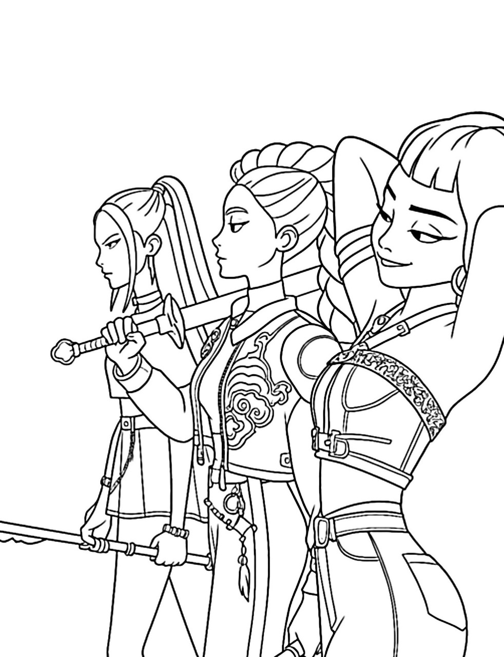 Desenho das Guerreiras do k-Pop segurando espadas para colorir