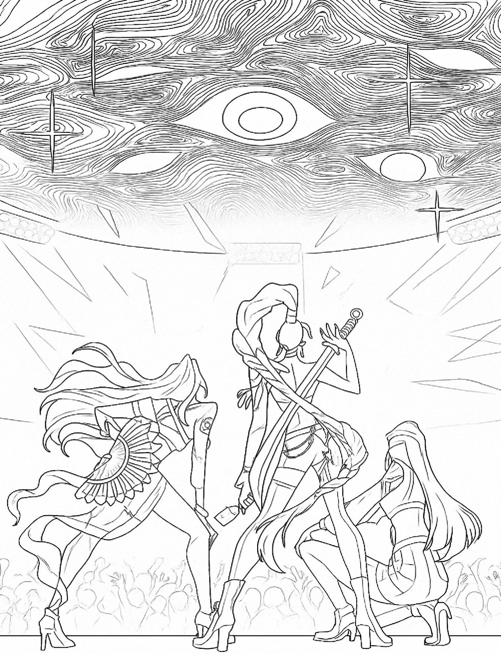 Desenho das Guerreiras K-Pop em performance para colorir