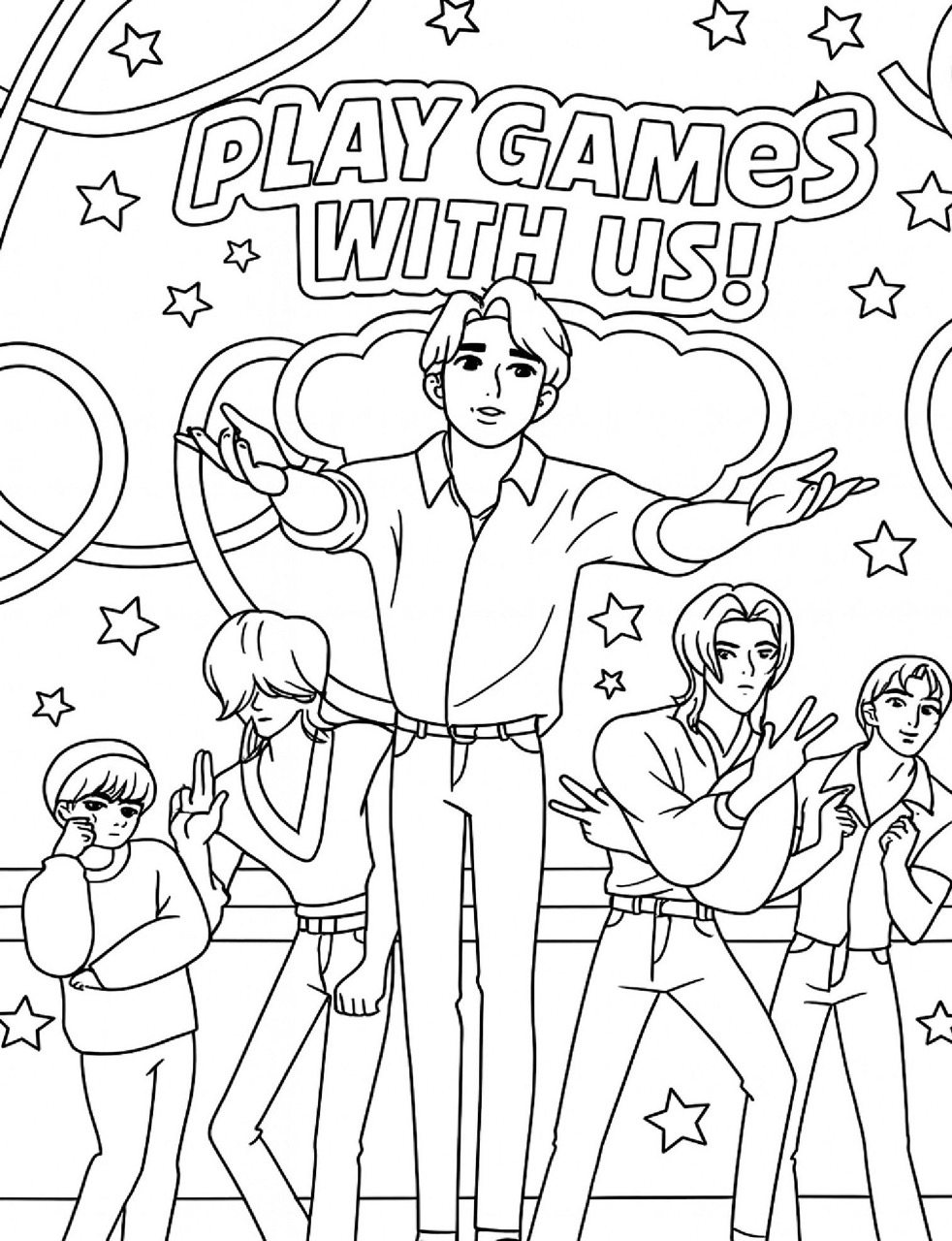 Desenho das Guerreiras do K-Pop jogando juntos para colorir