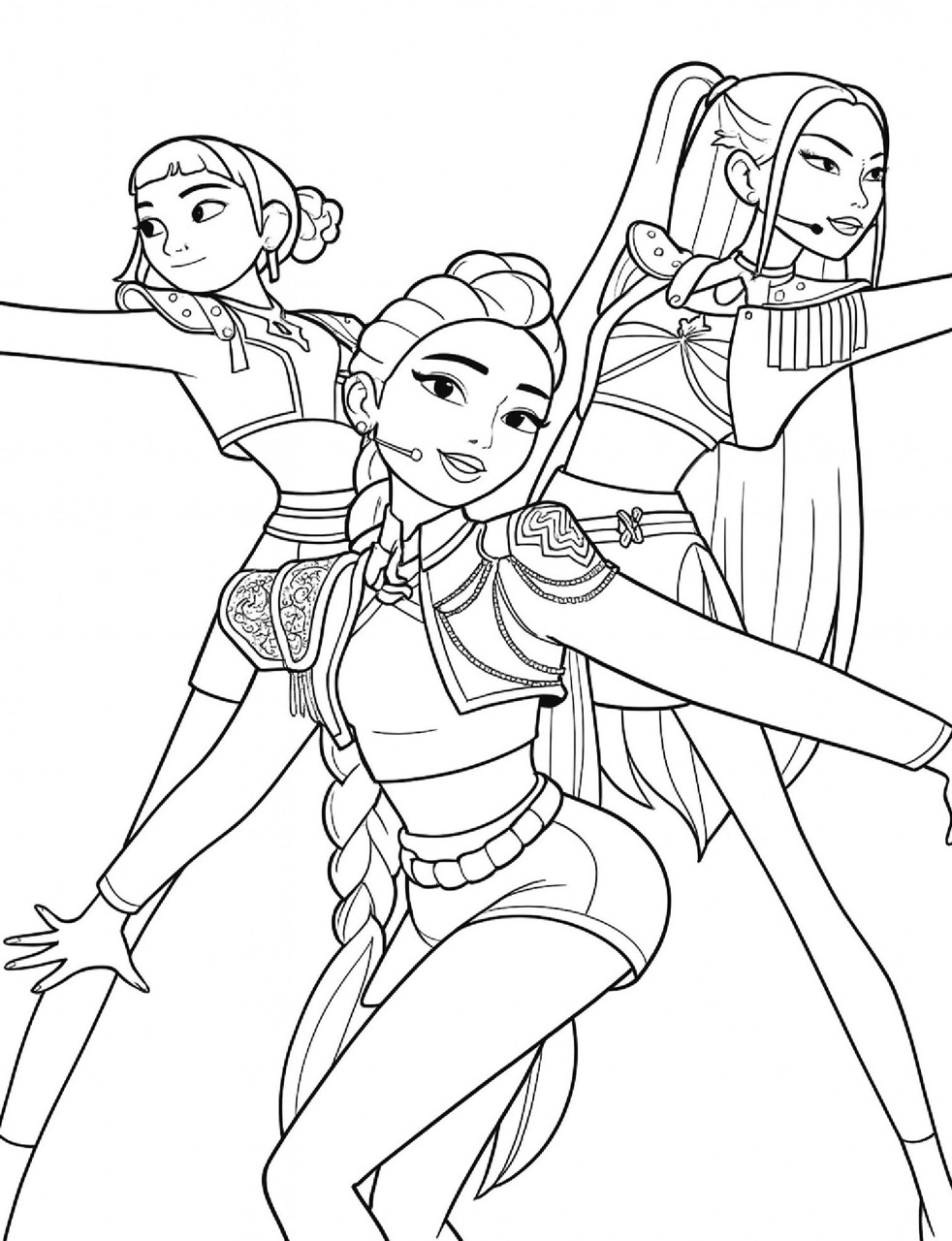 Desenho das Guerreiras K-Pop em poses dinâmicas para colorir