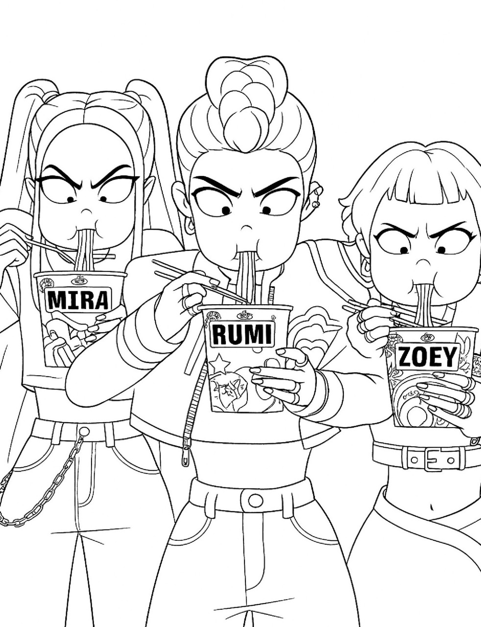 Desenho das Guerreiras K-Pop Rumi Mira e Zoey comendo lamen