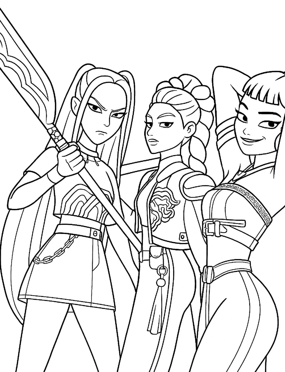 Desenho das Guerreiras K-Pop segurando bastões para colorir