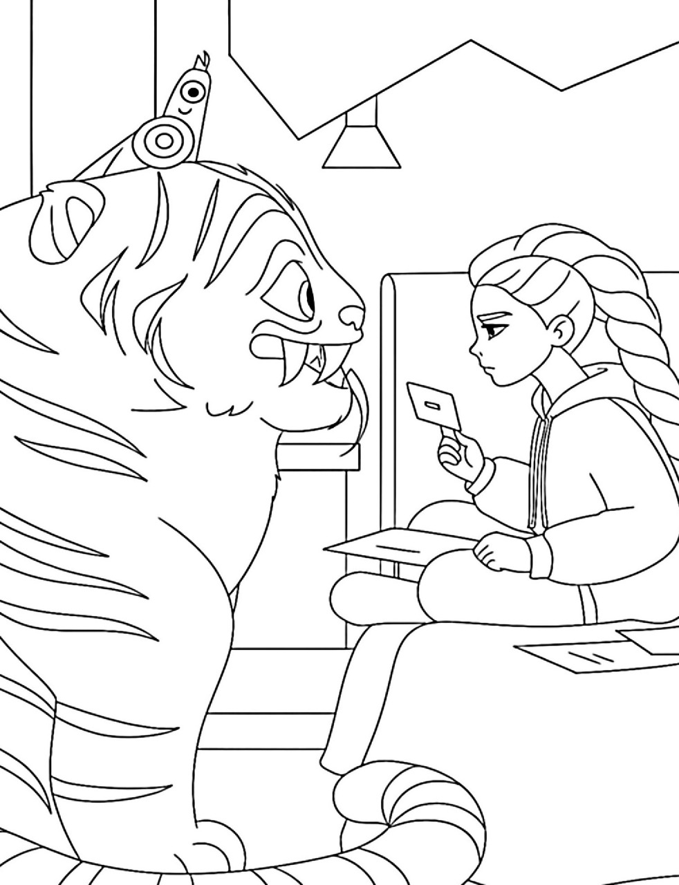 Desenho das Guerreiras do k-Pop com tigre para imprimir e colorir