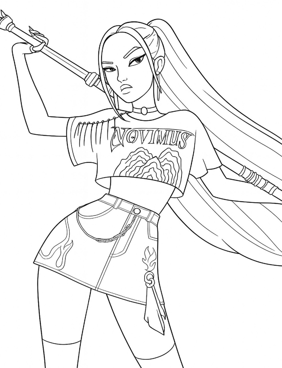 Desenho das Guerreiras K-Pop segurando bastão para colorir