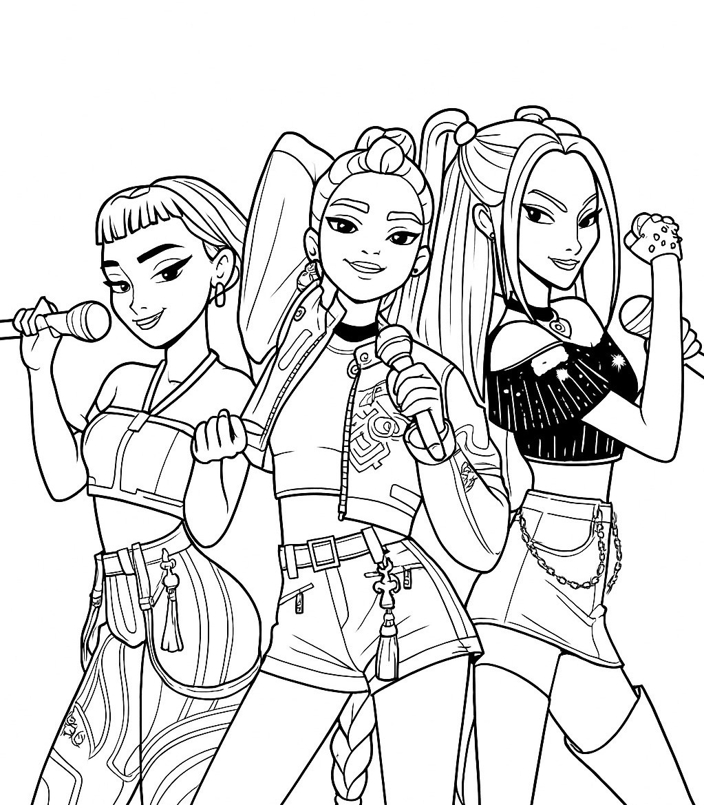 Desenho das Guerreiras do K-Pop com microfone para colorir