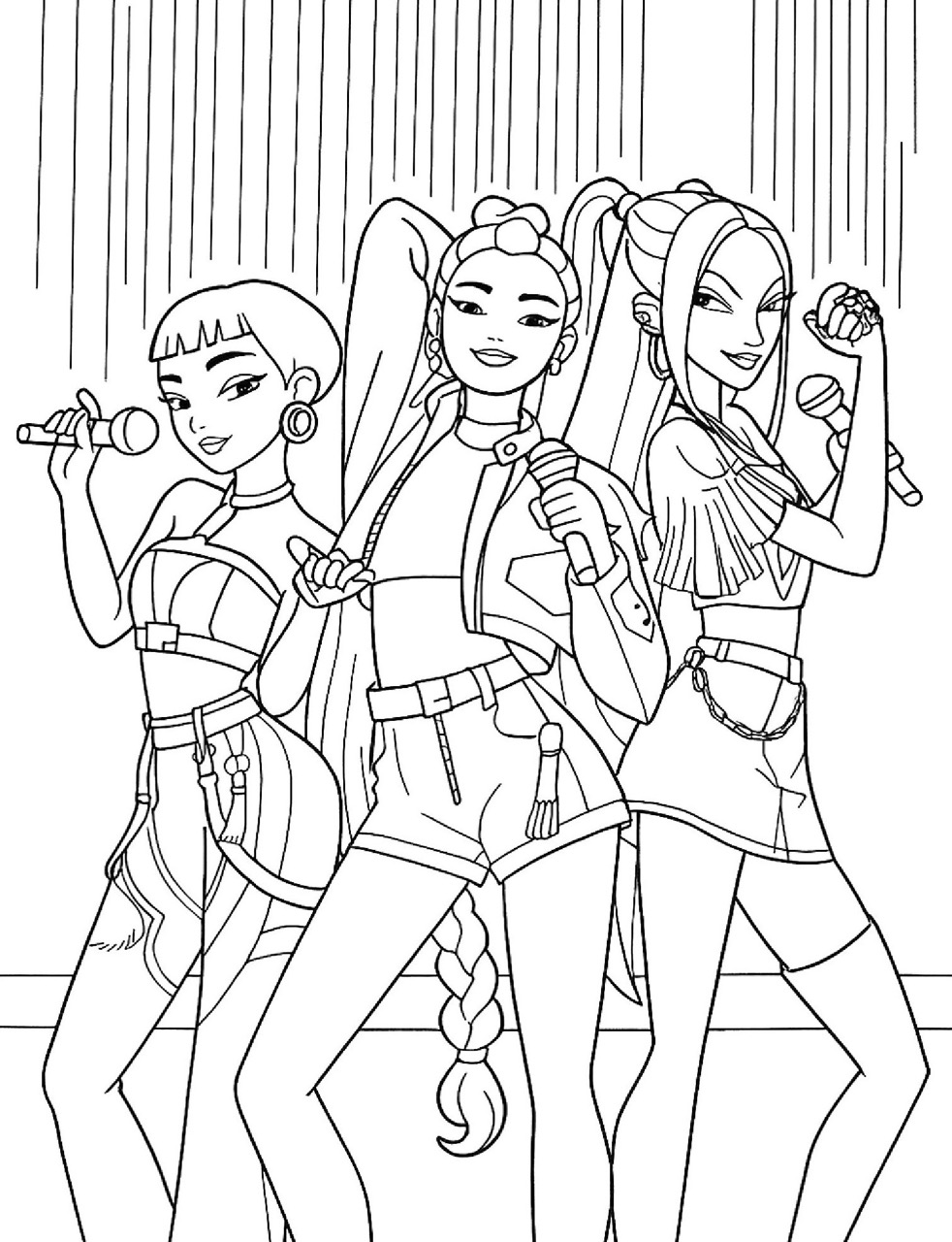 Desenho das Guerreiras do K-Pop cantando em palco para colorir