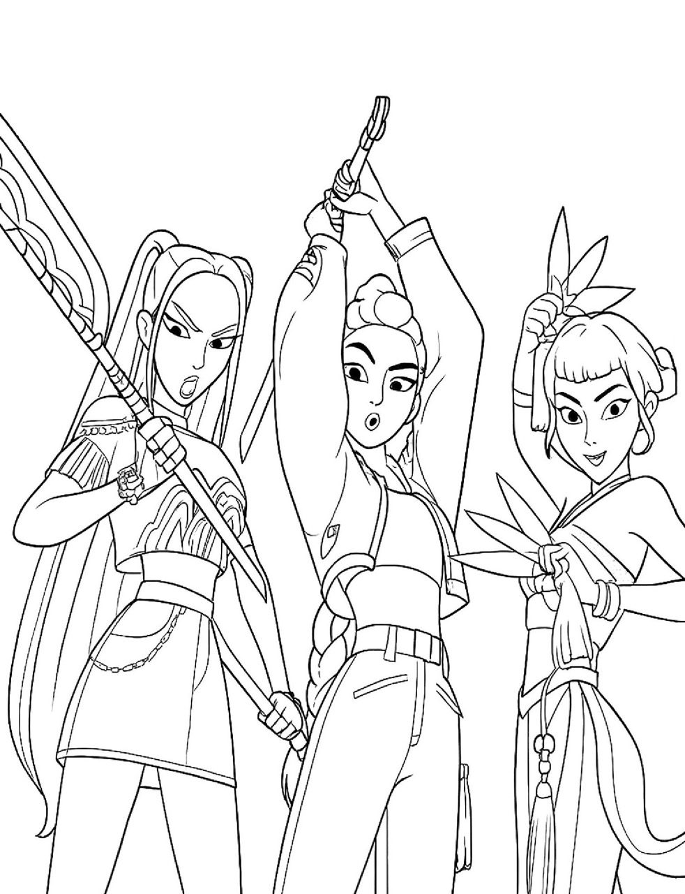 Desenho das Guerreiras do k-Pop com armas para colorir