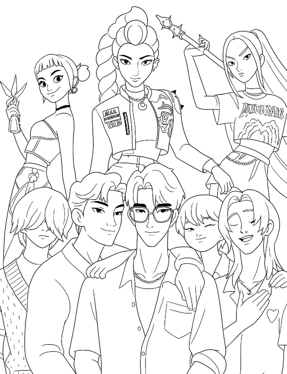Desenho das Guerreiras do k-Pop com personagens para colorir