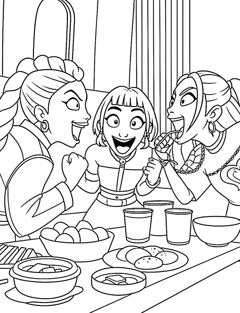 Desenho das Guerreiras do K-Pop se divertindo em uma refeição
