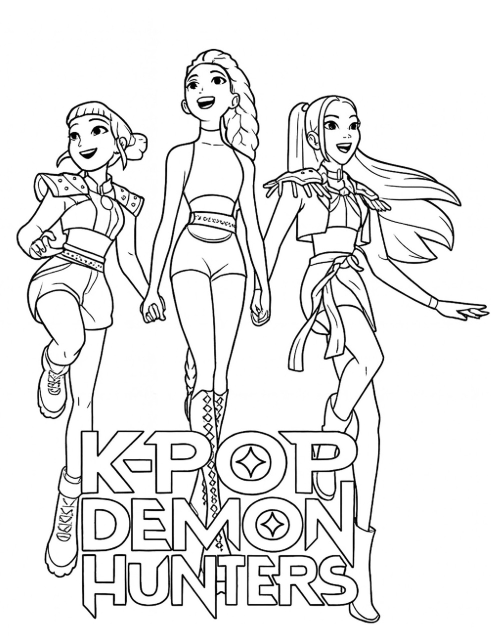 Desenho das Guerreiras K-Pop caminhando para imprimir e colorir