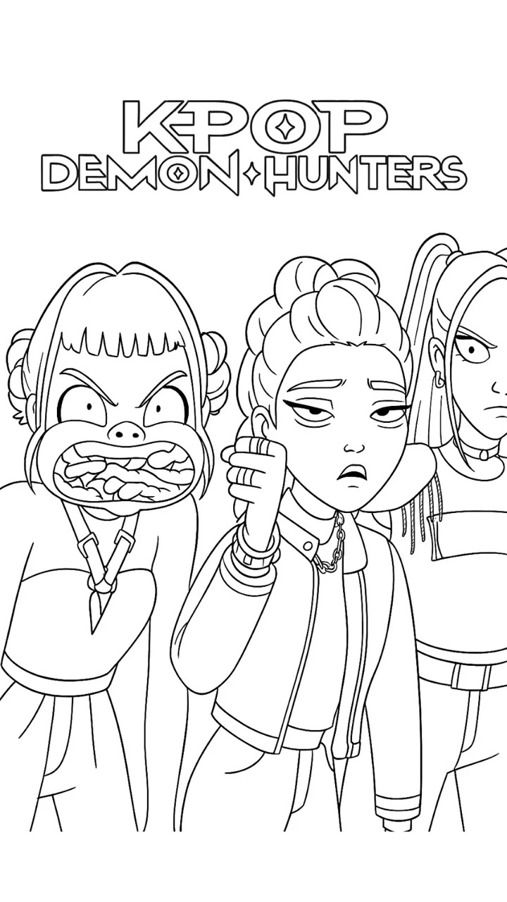 Desenho das Guerreiras K-Pop com expressões intensas para colorir
