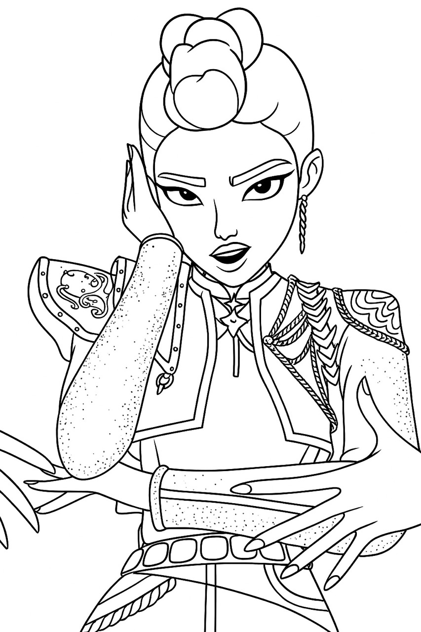 Desenho da Guerreira K-Pop com expressão forte para colorir