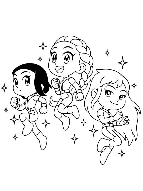 Desenho das Guerreiras K-Pop sorrindo e pulando para colorir