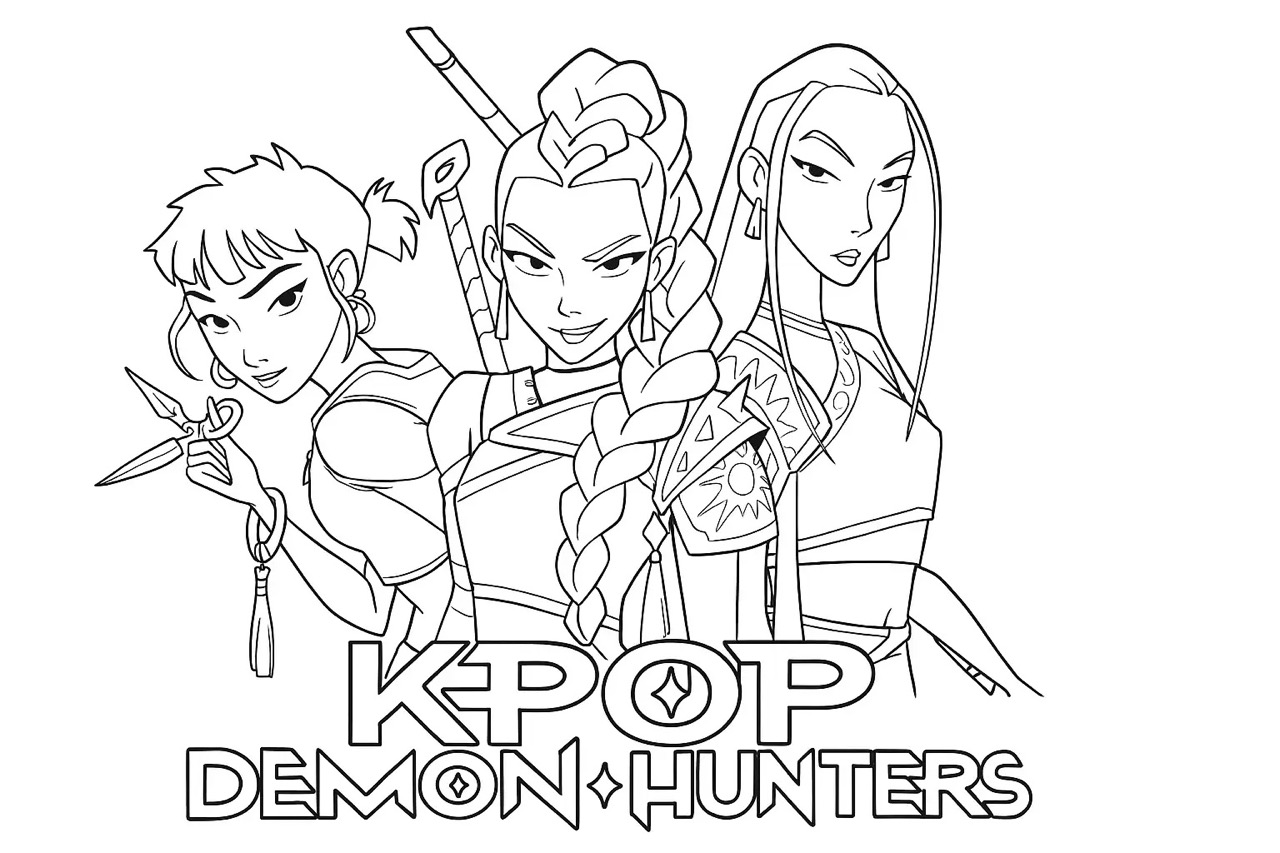 Desenho das Guerreiras do k-Pop em pose de combate para colorir