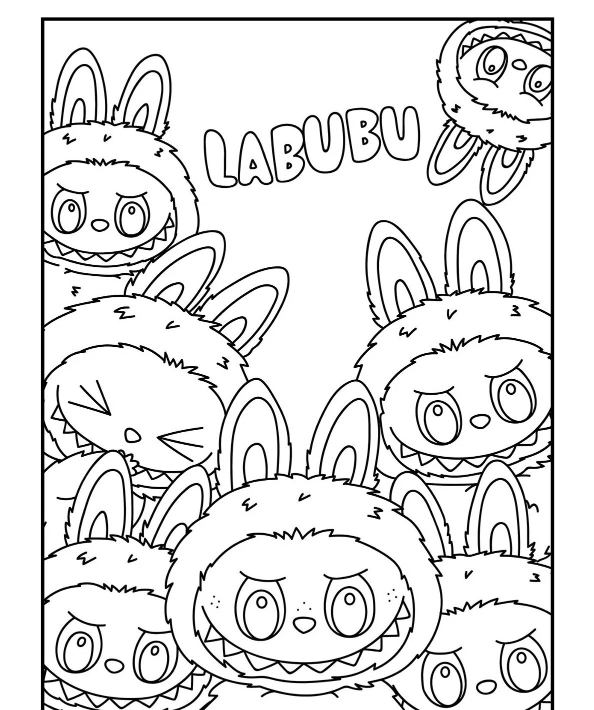 Desenho Labubu com vários personagens para imprimir e colorir