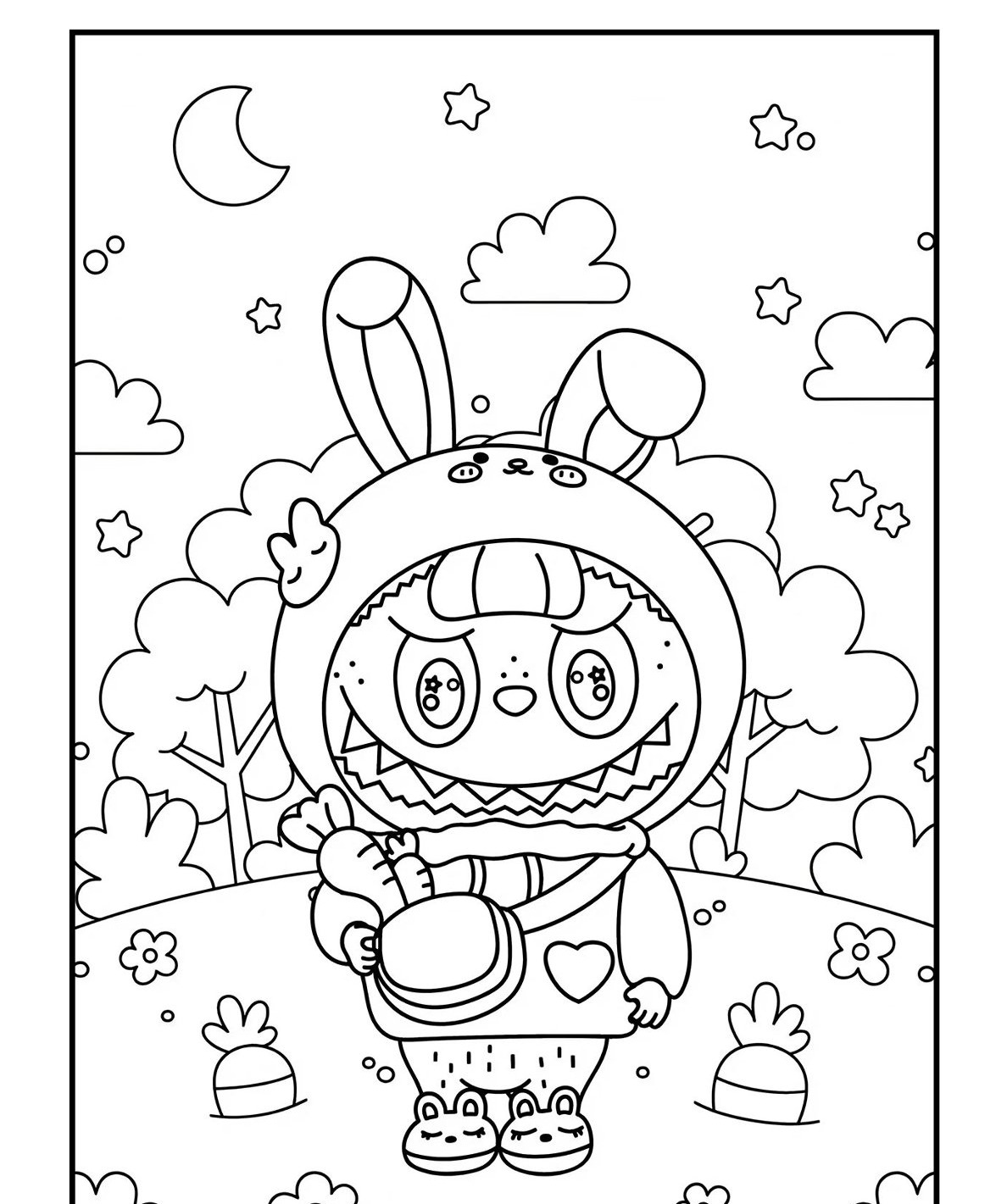 Desenho Labubu com fantasia de coelho para imprimir e colorir