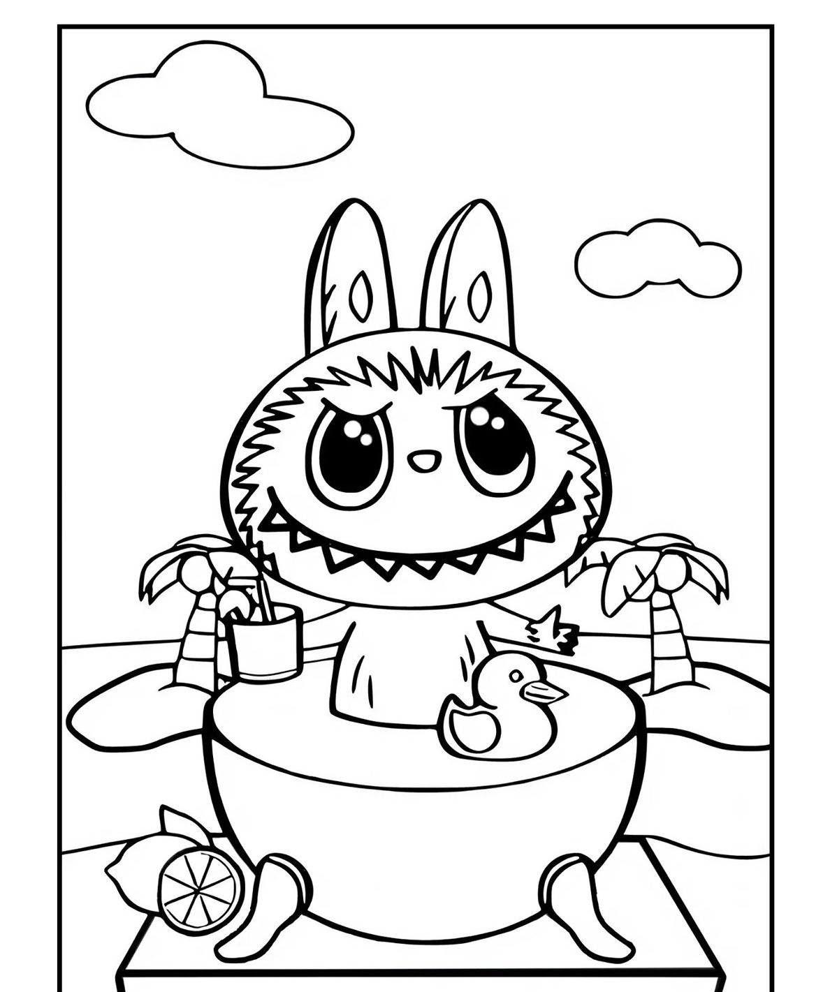 Desenho Labubu relaxando em uma piscina com sol e palmeiras
