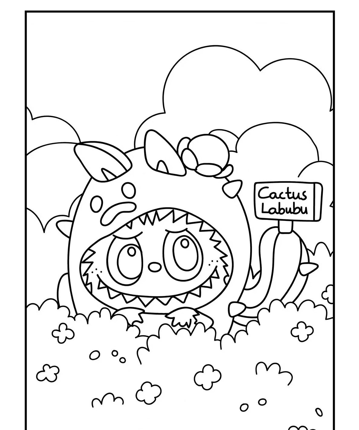 Desenho Labubu Cactus em meio a flores para imprimir e colorir