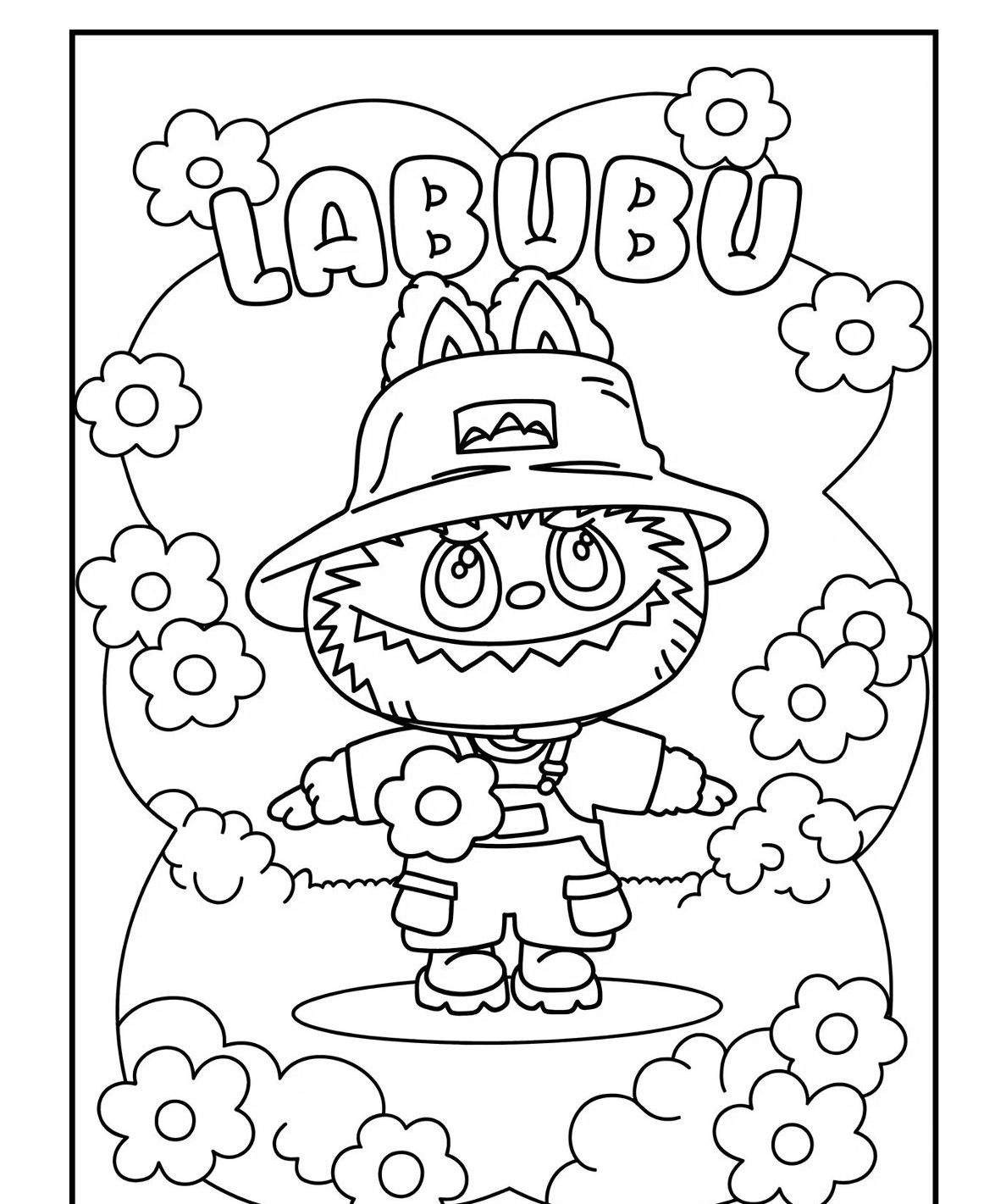 Desenho Labubu rodeado de flores para imprimir e colorir