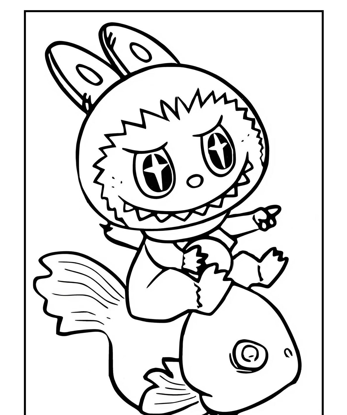 Desenho Labubu com orelhas em cima de um peixe