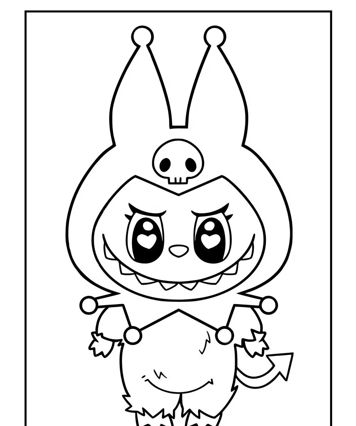 Desenho Labubu fantasiado com caveira para imprimir e colorir