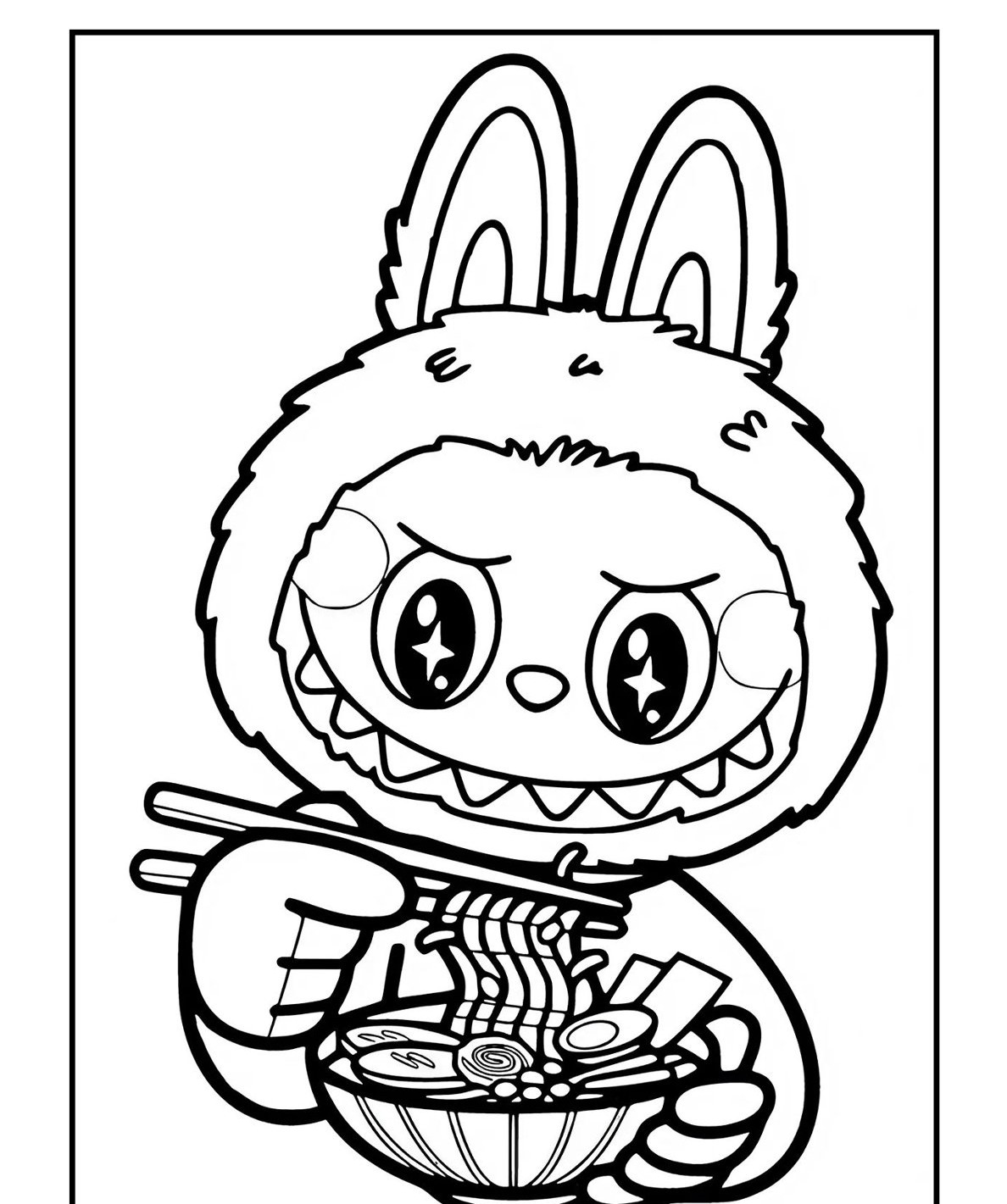 Desenho Labubu comendo macarrão com hashis para colorir