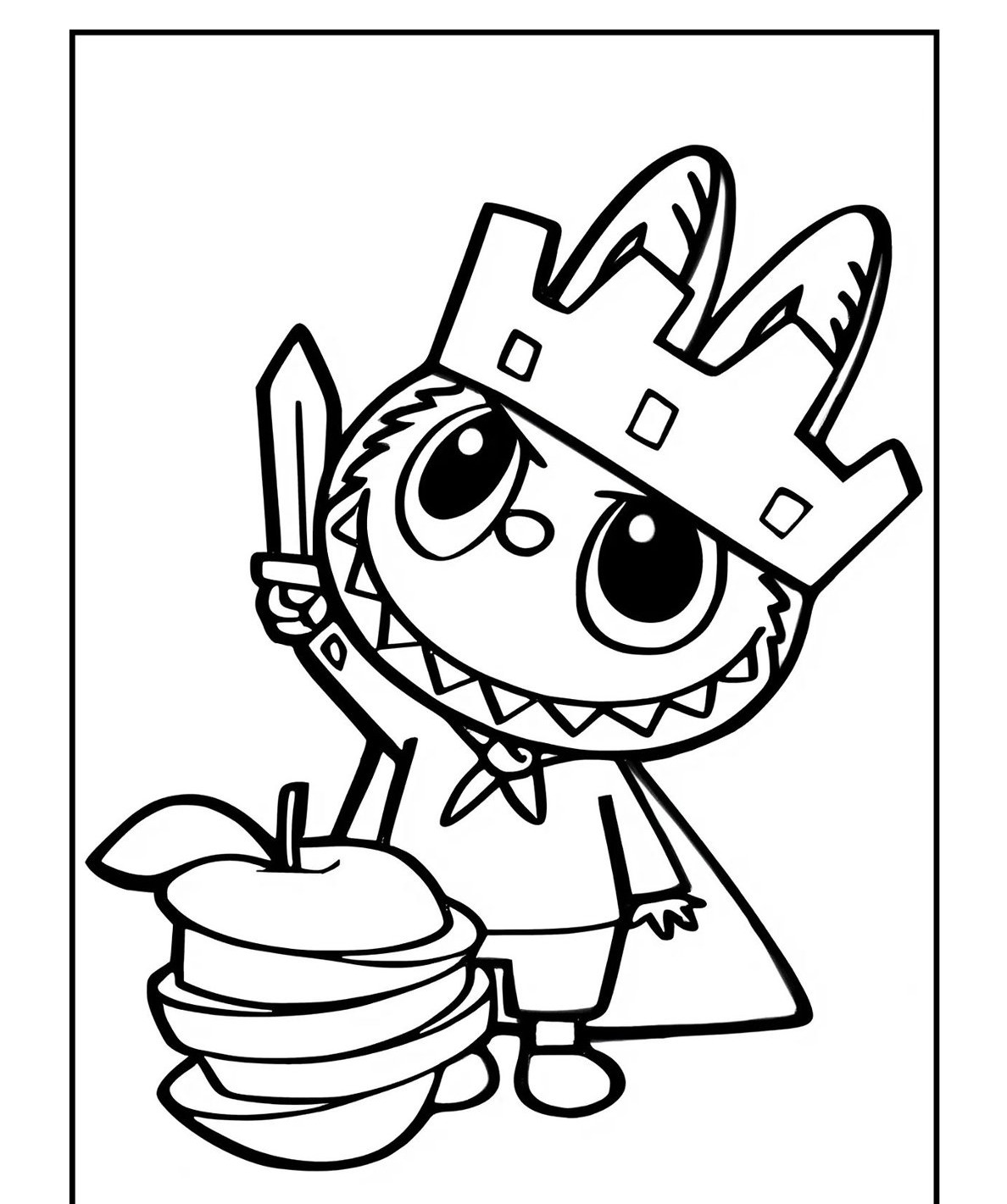 Desenho Labubu Rei segurando uma espada e maçãs empilhadas