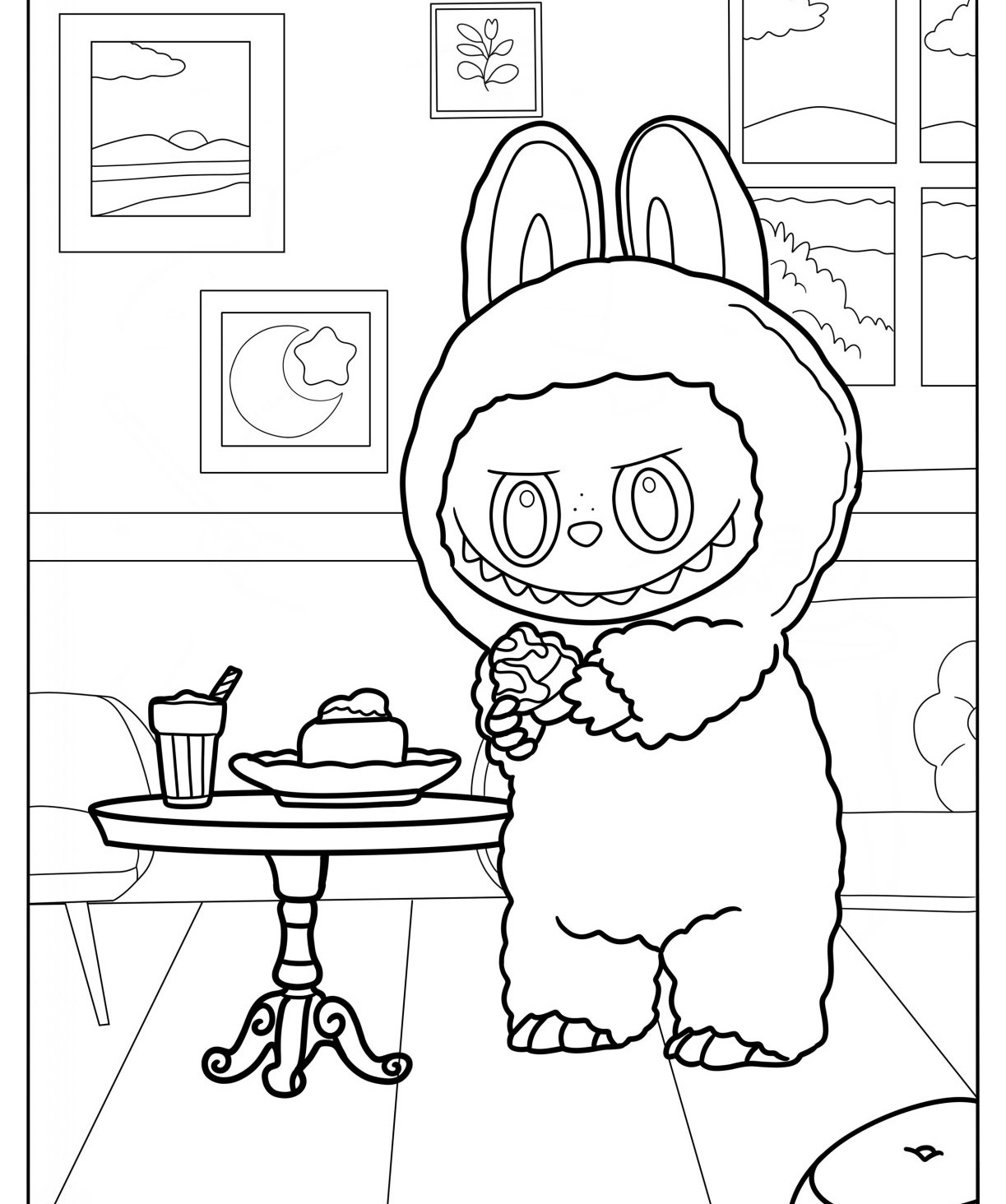 Desenho Labubu em cenário com mesa e sobremesas