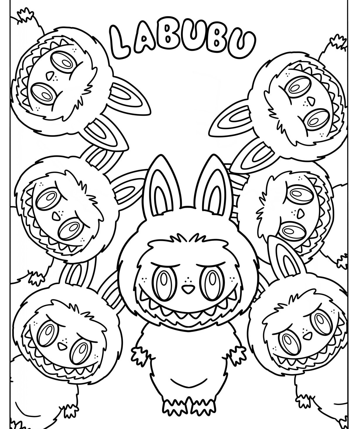 Desenho Labubu com vários personagens felizes para colorir
