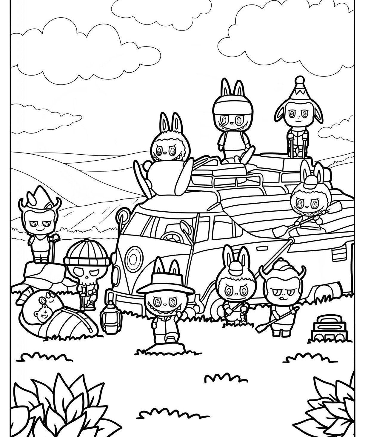 Desenho Labubu grupo de personagens em cenário divertido