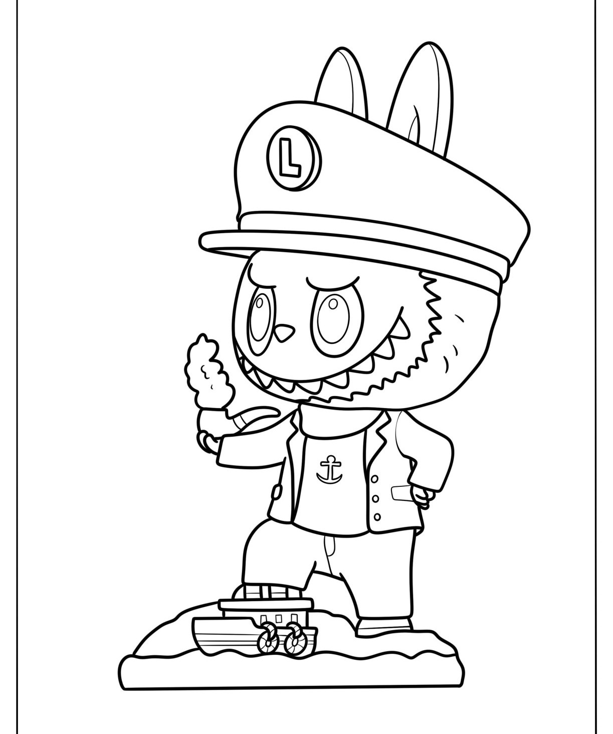 Desenho Labubu Capitão segurando um prato e com navio