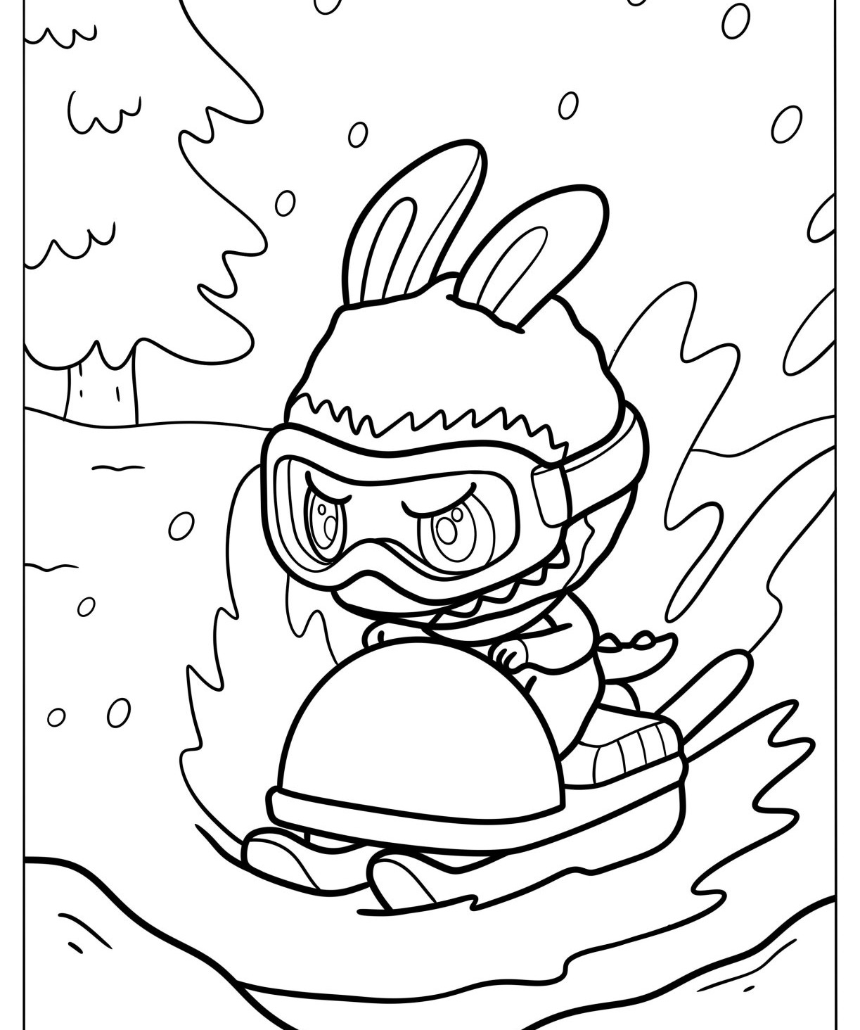 Desenho Labubu brincando na neve com trenó para colorir