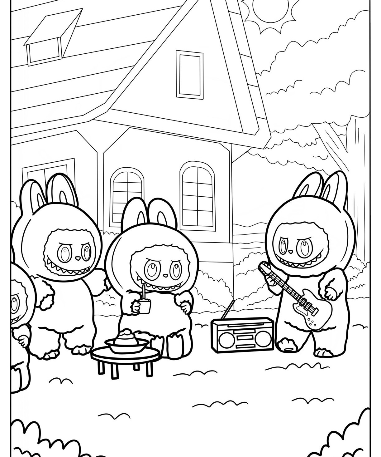 Desenho Labubu tocando instrumentos em um cenário divertido