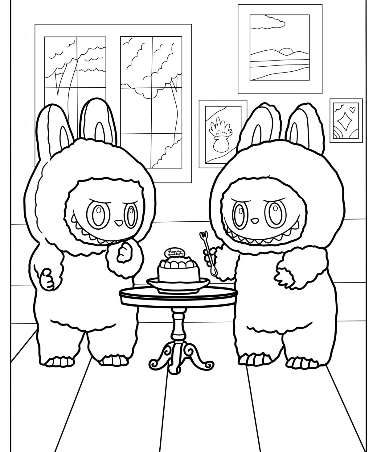 Desenho Labubu dois bonecos em ambiente festivo